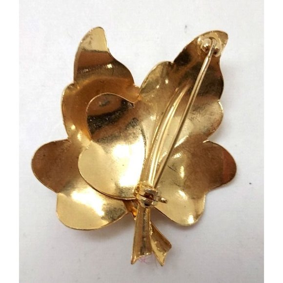 Brooch Two Leaves Overlapping w 3 Faux Pearls 1 3/4" x 1 1/2" Unbranded - Picture 2 of 2